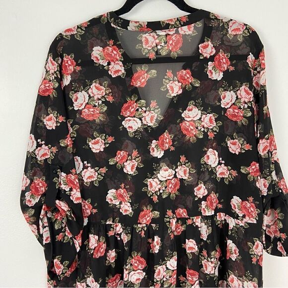 Torrid Hi-Lo Floral Tunic Top‎ Black & Pink women’s Size 1X Sheer 3/4 Sleeve - Picture 8 of 14